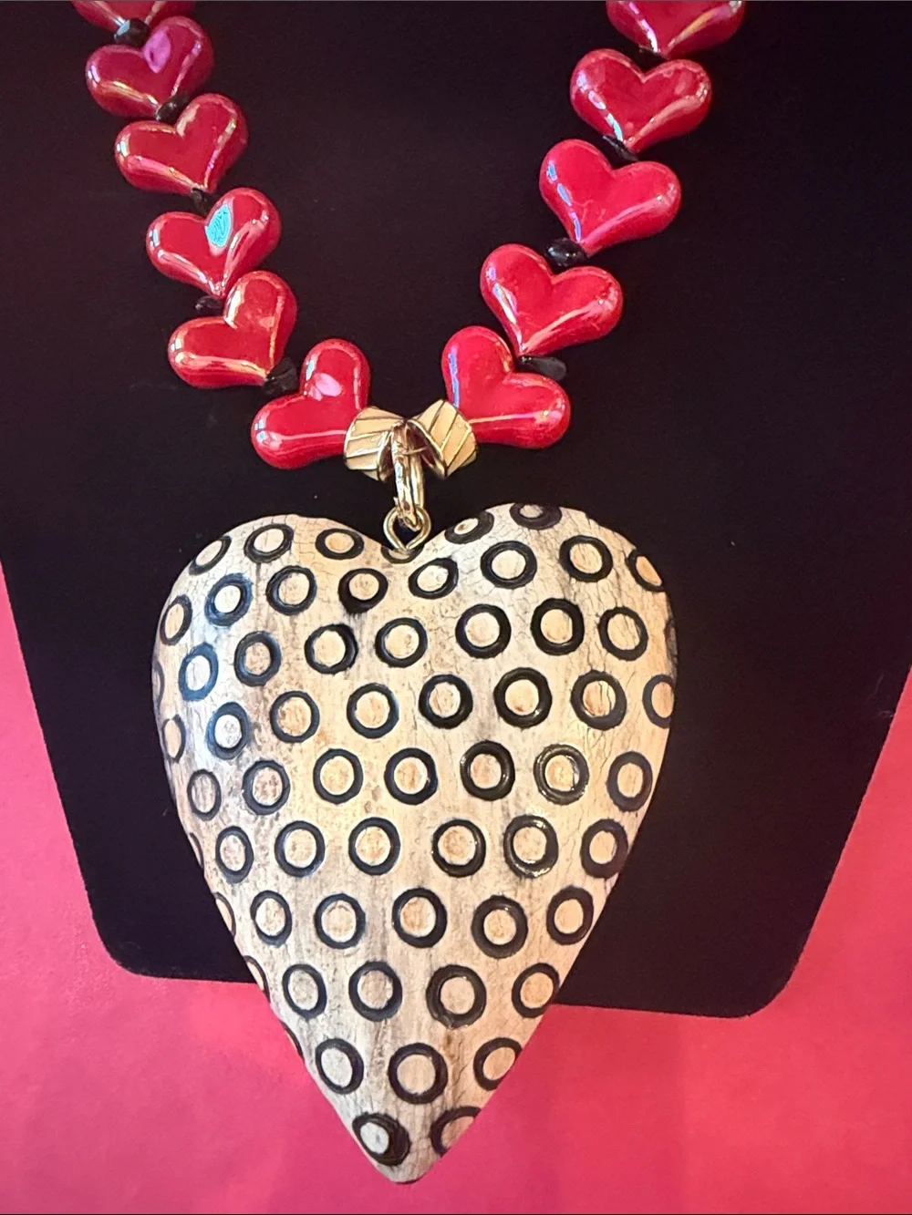 Red Heart Beaded Necklace with Large Patterned Heart Pendant